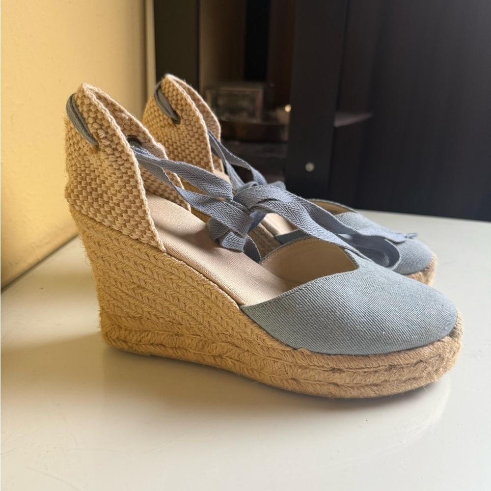 Soludos Blue and Tan Espadrille Wedges